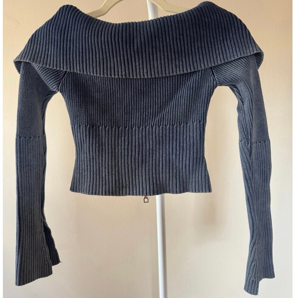 Double Zipper Crop Knit Sweater Wide Collar Off Shoulder- XS Y2K Model Off Duty - Picture 4 of 8